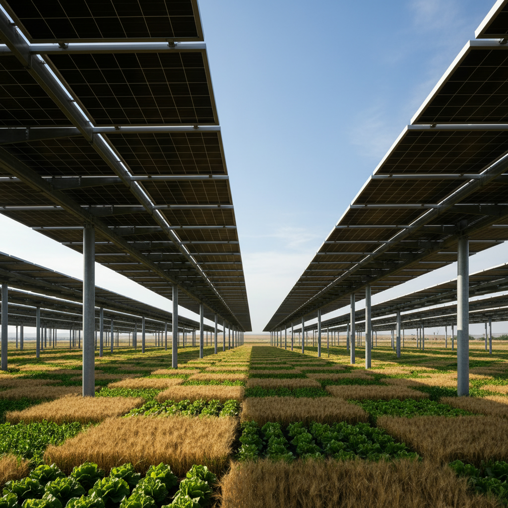 Солнечные панели, установленные над полем с зелеными сельскохозяйственными культурами. Технология агровольтаики.