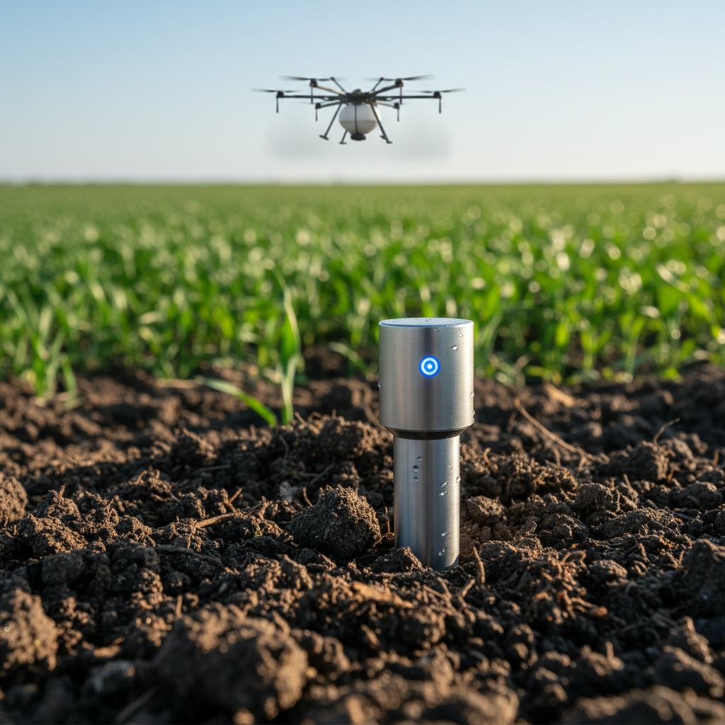 Современный датчик влажности в плодородной почве на фоне зеленого поля и работающего в небе агродрона.