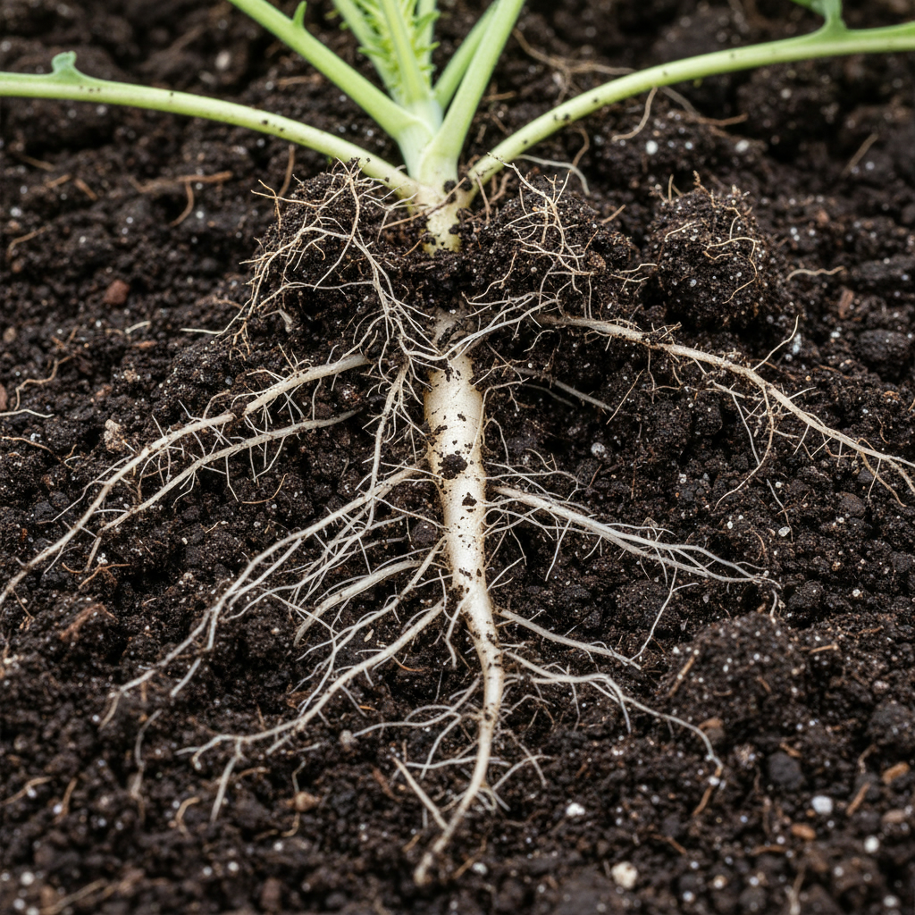 Ученые из Германии нашли способ повысить урожайность с помощью бактерий Крупный план разветвленной корневой системы растения рапса в темной плодородной почве с видимыми тонкими корневыми волосками.