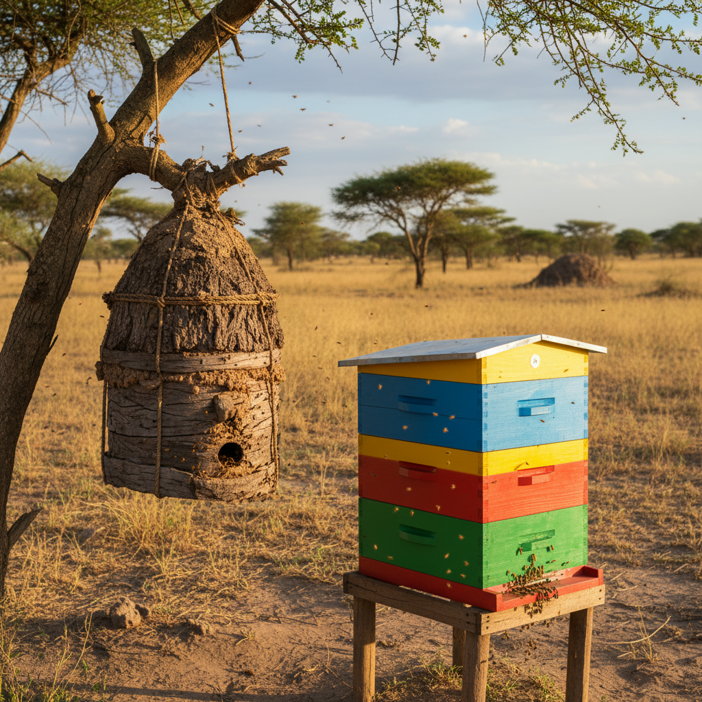 Традиционный бревенчатый улей и современный рамочный улей стоят рядом в африканской саванне в Танзании на фоне акаций.