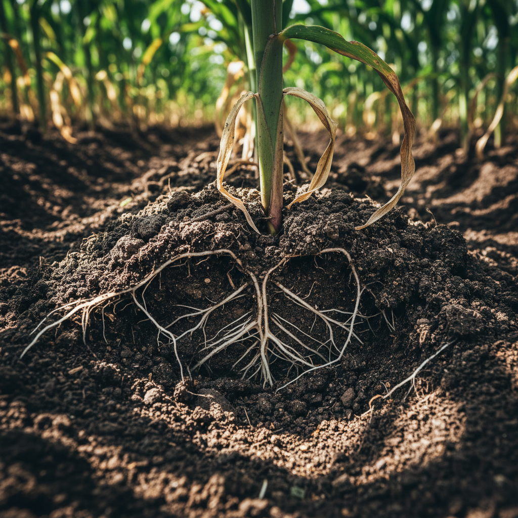 Корневая система растения кукурузы в разрезе почвы. Крупный план корней, уходящих вглубь плодородной темной земли.