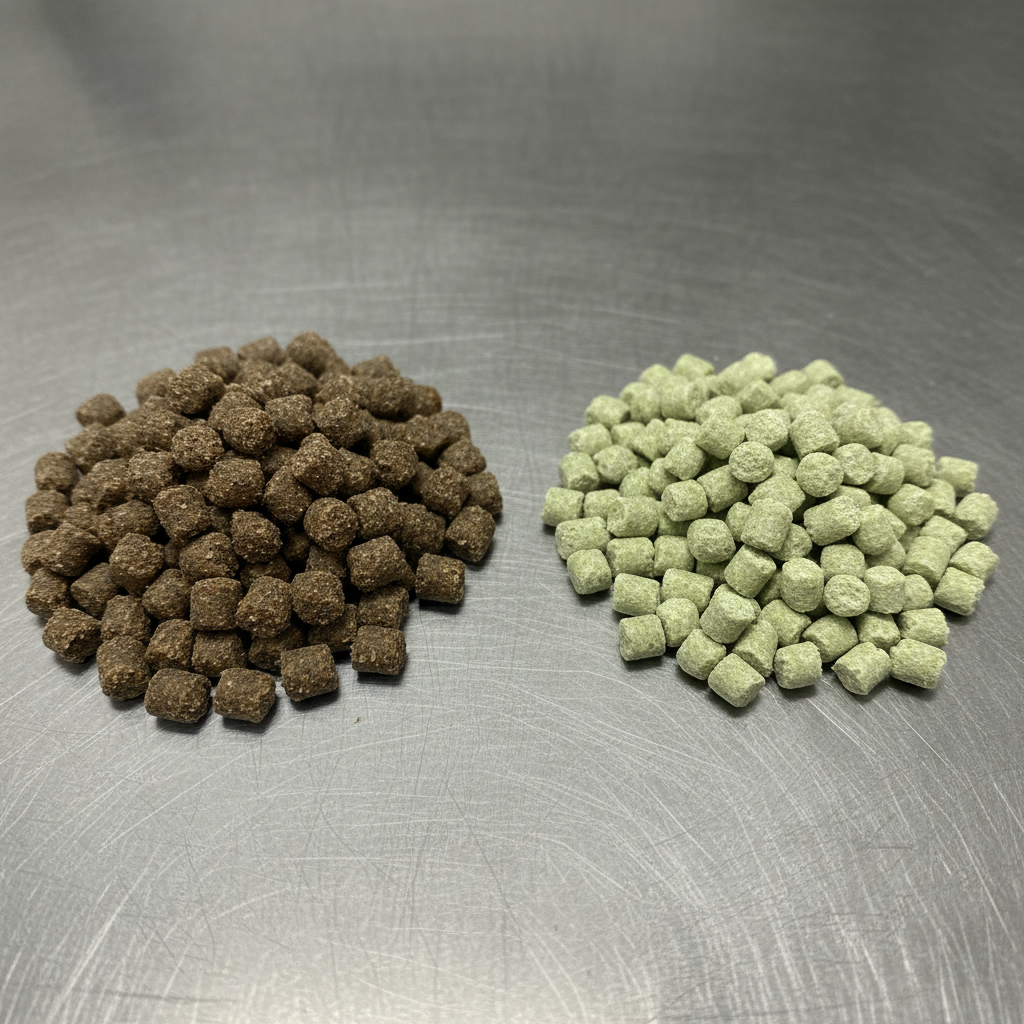Крупный план двух видов гранул корма для аквакультуры: темно-коричневые из рыбной муки и светло-зеленые из растений.