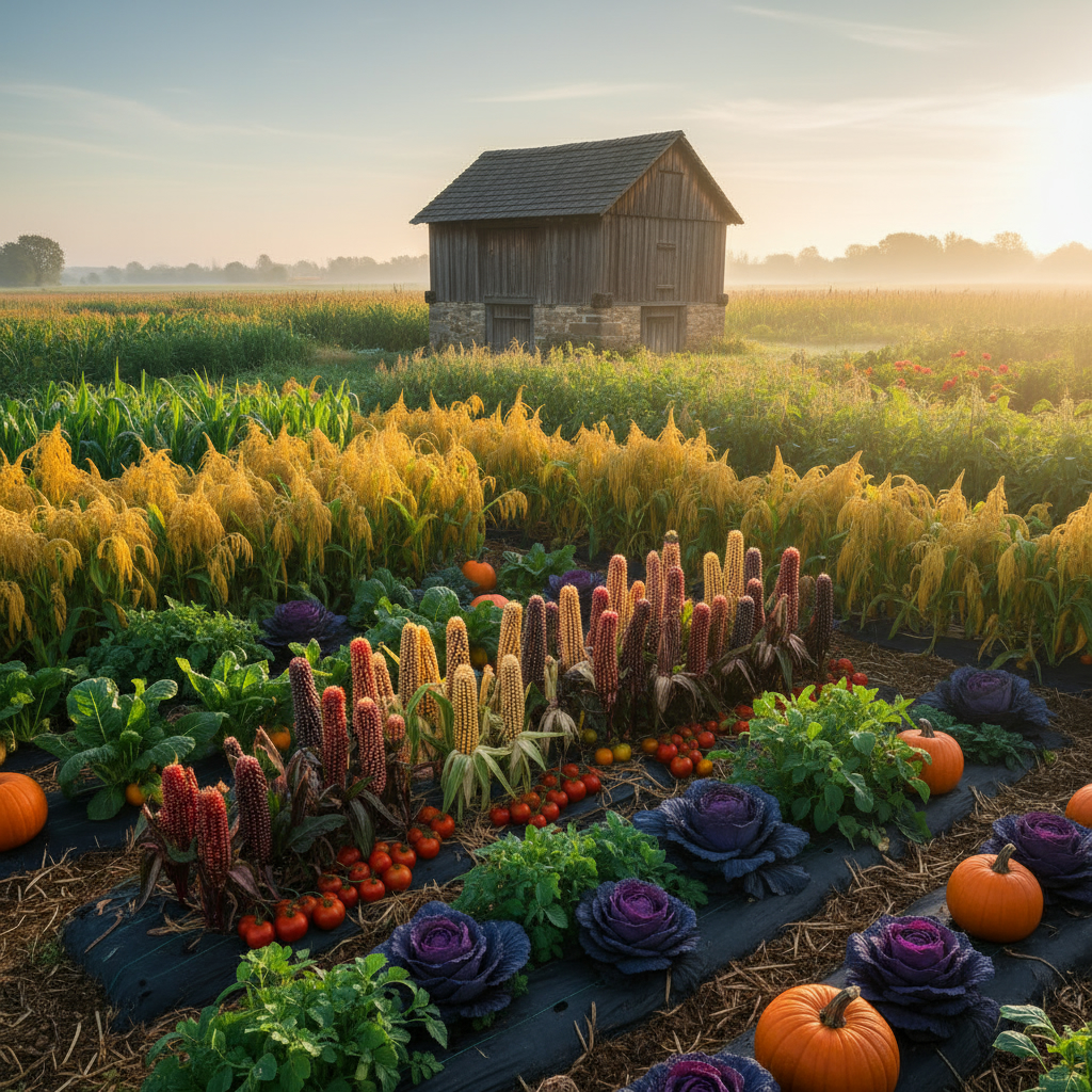 Поле с разнообразными традиционными злаками и овощами, выращенными по принципам устойчивого земледелия, на фоне деревенского амбара.