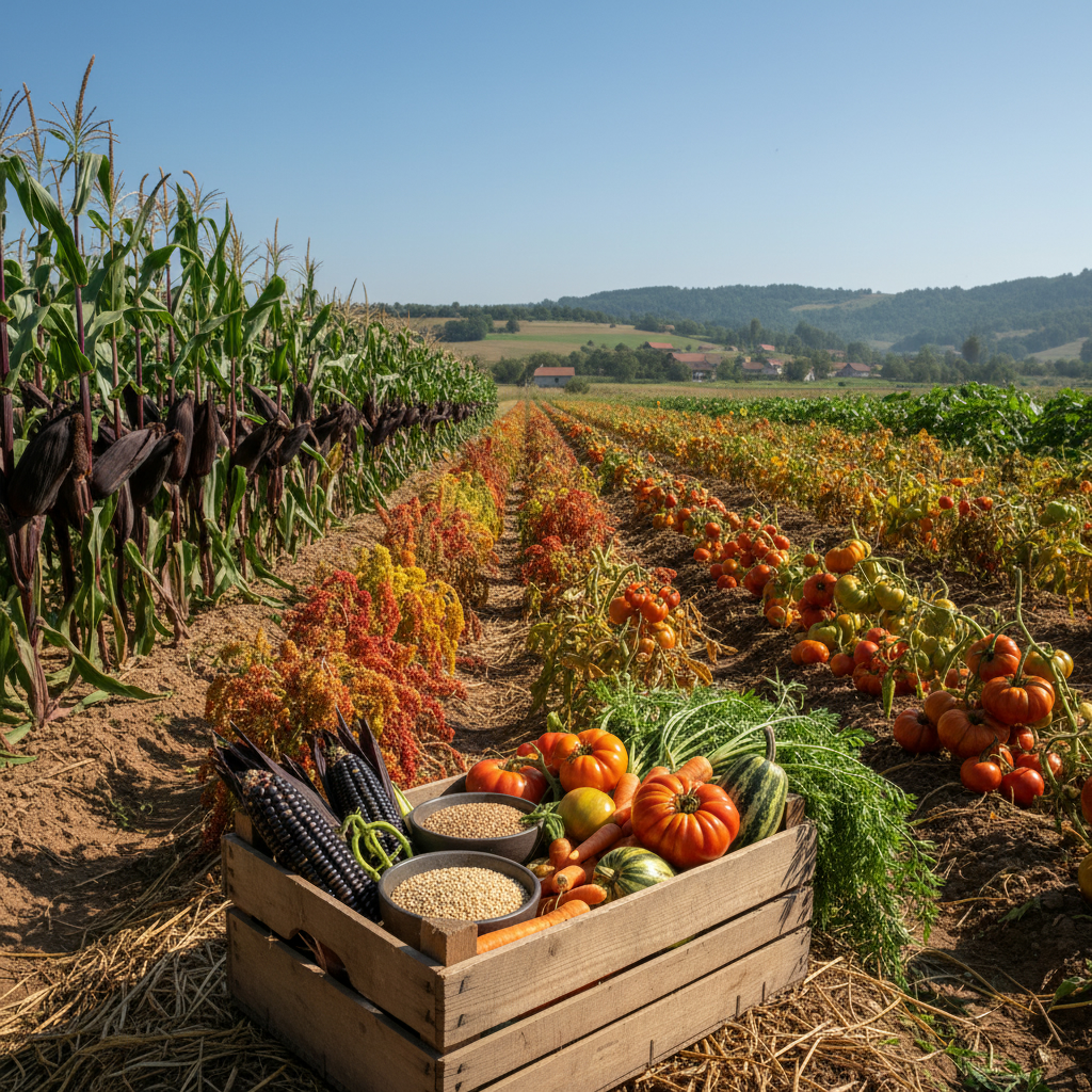 Деревянный ящик со сбором урожая редких овощей и злаков на фоне поля с разнообразными сельскохозяйственными культурами.