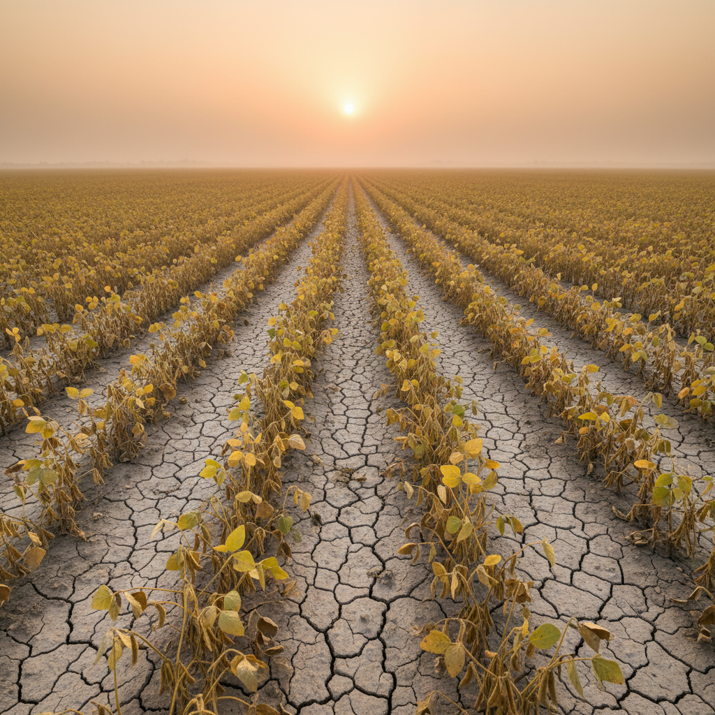 Поле увядающих растений сои на сухой, растрескавшейся земле. Желтеющие листья и палящее солнце создают образ засухи.
