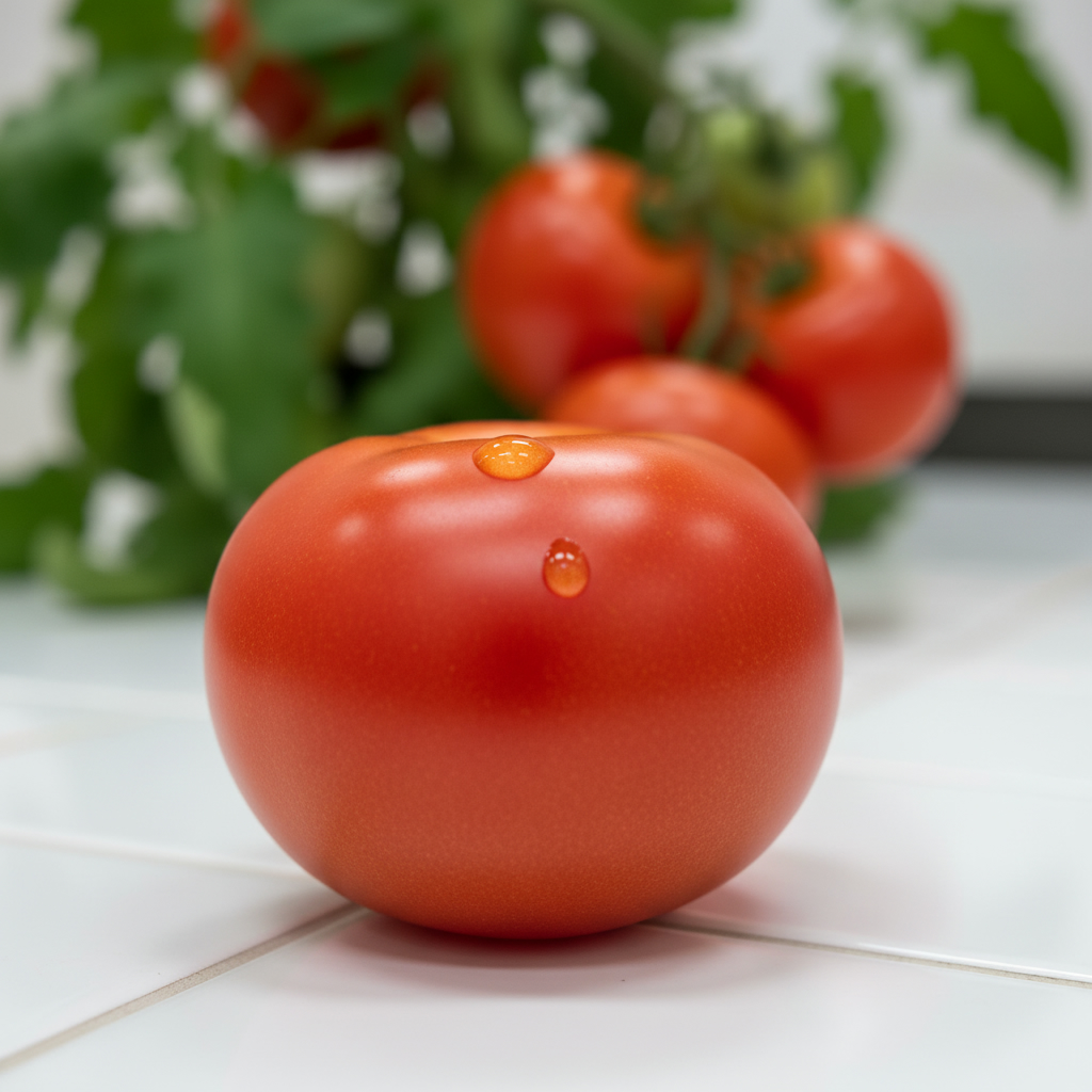 Спелый красный томат с каплей воды на кожуре лежит на белой лабораторной поверхности на фоне размытой томатной ветви.