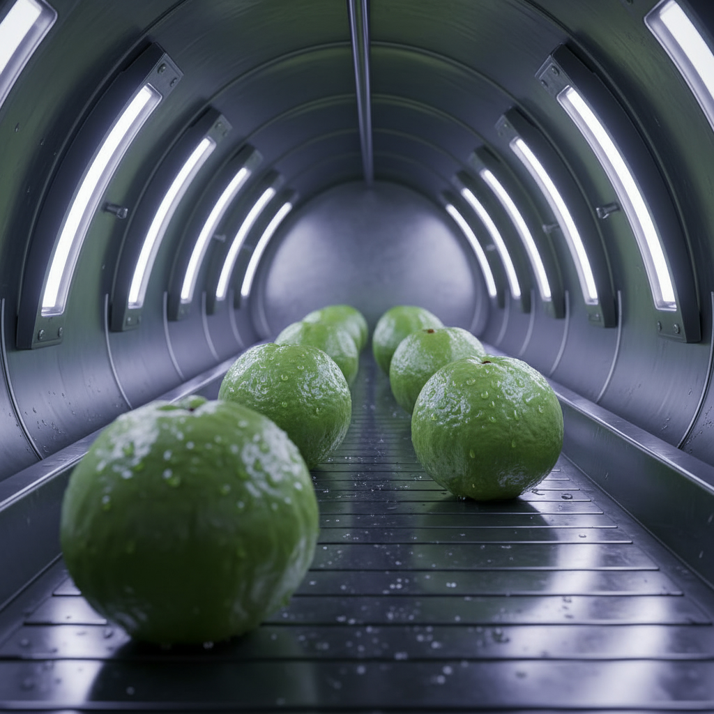 Свежие плоды гуавы на конвейерной ленте внутри установки для обработки ультрафиолетовым светом.