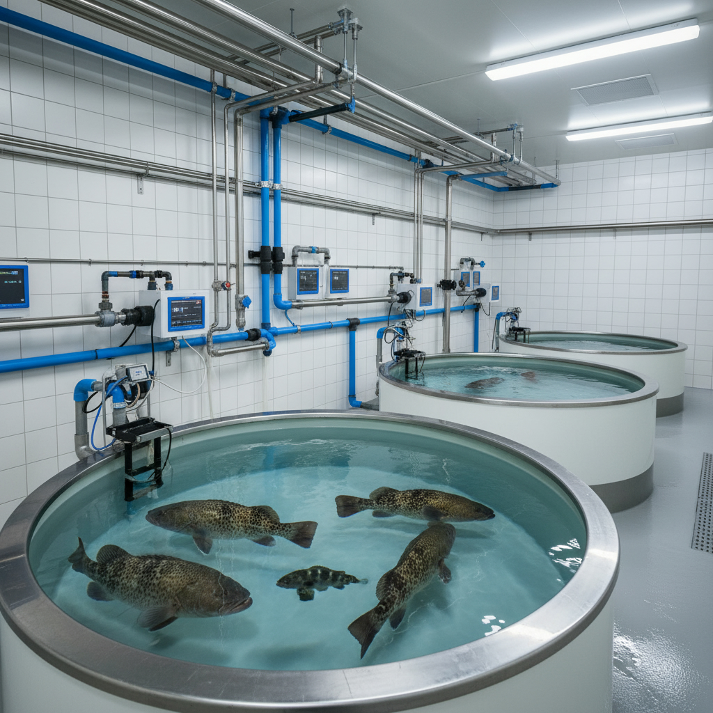 Современная крытая аквакультурная ферма с большими круглыми резервуарами с чистой водой, в которых плавает морская рыба.
