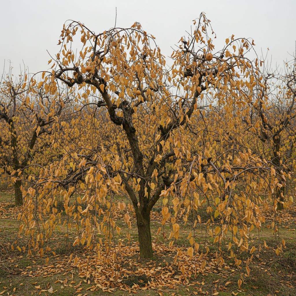 Больное грушевое дерево с пожелтевшими, увядшими листьями в саду, пораженное фузариозным увяданием.