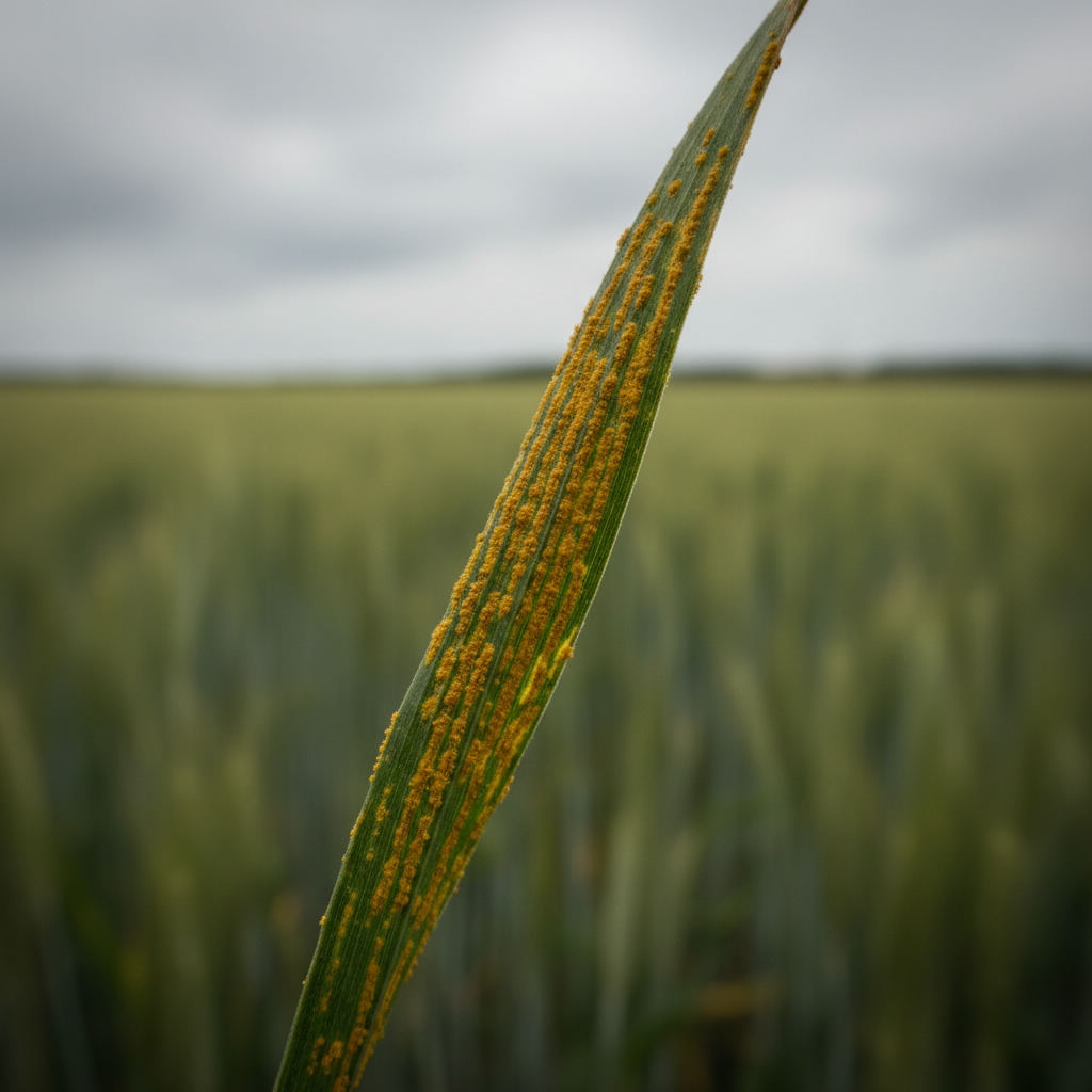 Колос пшеницы в поле, листья которого поражены желтой ржавчиной. Крупный план стеблей с характерными оранжевыми полосами грибкового заболевания.