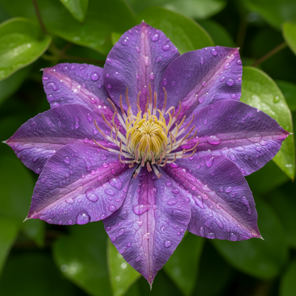 Крупный план цветка клематиса фиолетового цвета с каплями росы на лепестках на размытом фоне зеленой листвы.