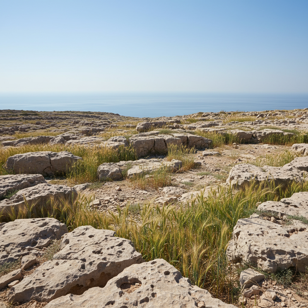 Поле дикой пшеницы и ячменя на каменистом, засушливом склоне в регионе Леванта. На горизонте видно Средиземное море.
