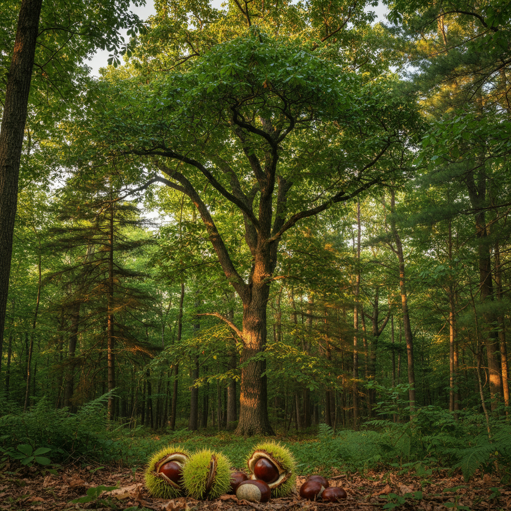Здоровое дерево американского каштана с пышной кроной в лесу. На земле лежат плоды каштана в колючей скорлупе.