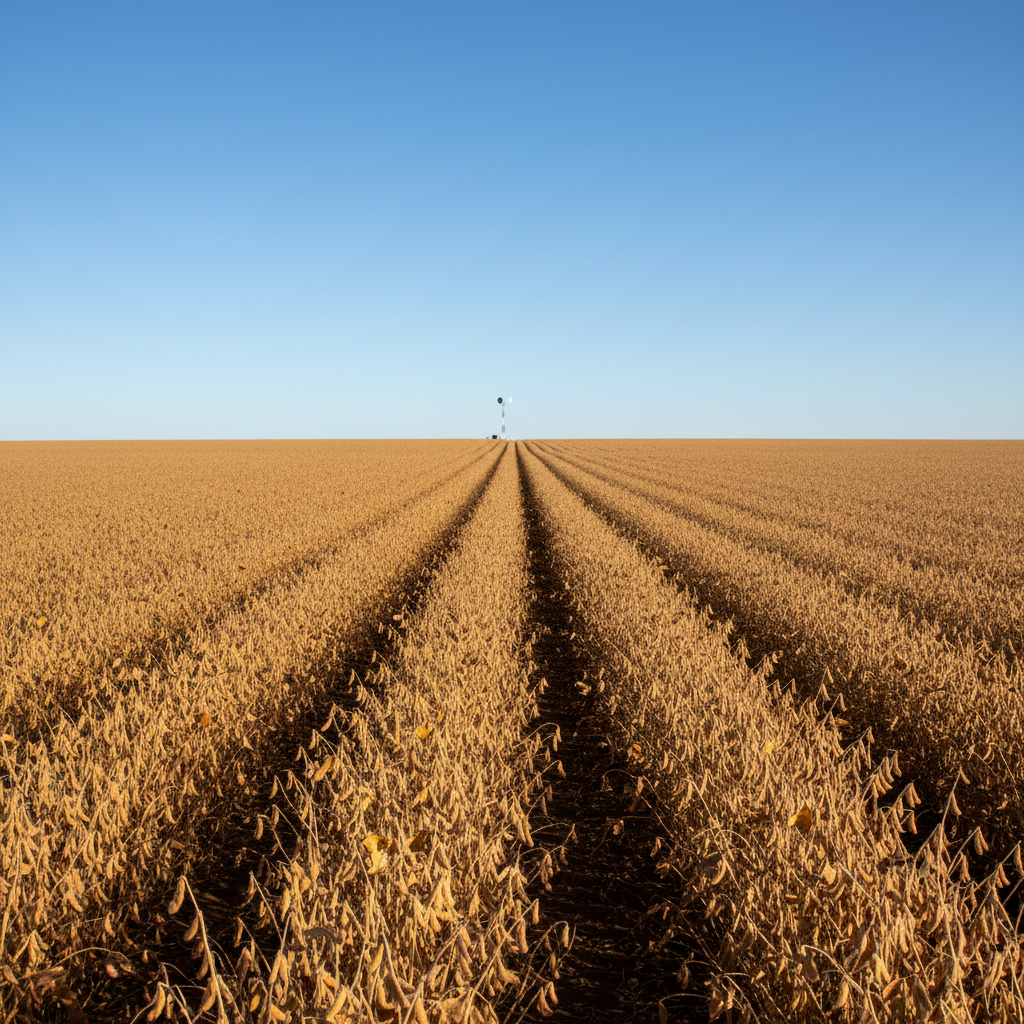 Бескрайнее поле спелой, готовой к уборке сои в Бразилии. Ровные ряды золотистых растений уходят к горизонту под ясным небом.