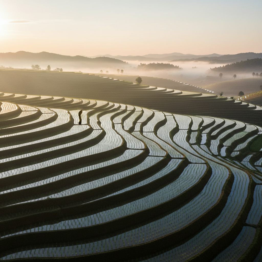 Просторные залитые водой рисовые поля с зелеными всходами, простирающиеся до горизонта на рассвете.
