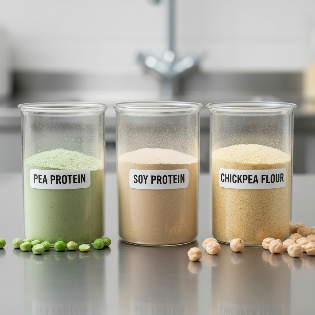 Несколько лабораторных стаканов с порошками растительного белка — горохового, соевого и нутового — на стальном столе.