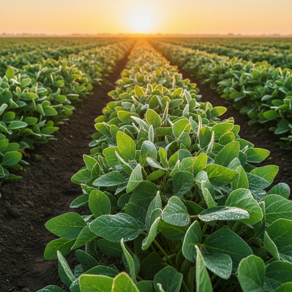 Ученые США нашли способ выращивать сою с меньшим вредом для экологии Крупный план поля с сочными зелеными рядами соевых бобов на рассвете. Почва выглядит темной и плодородной.