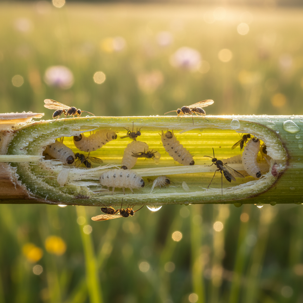 Исследование: многолетние травы служат домом для сотен видов насекомых Разрез стебля травы крупным планом, внутри которого видны крошечные личинки насекомых на фоне размытого луга.