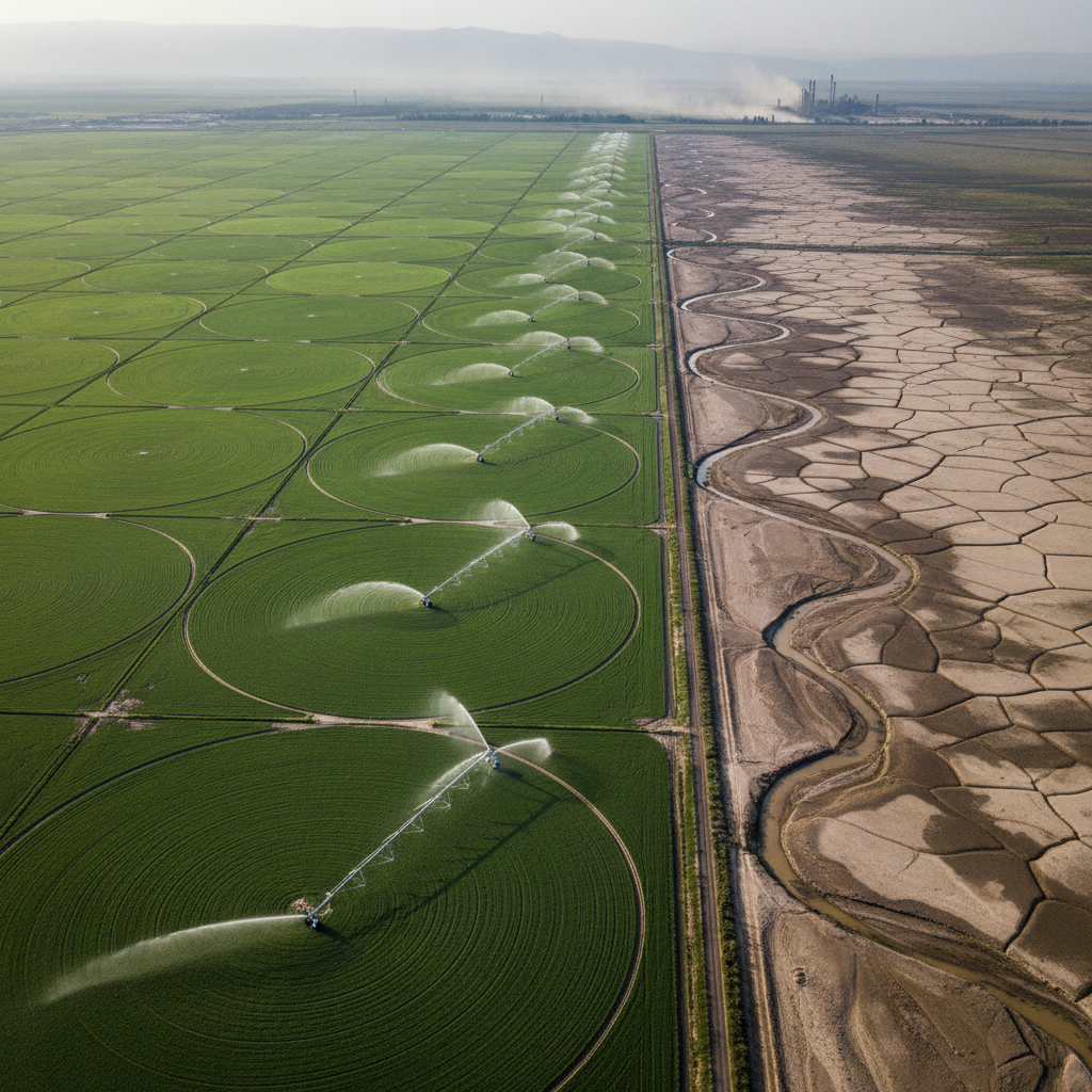 Адаптация к климату: как локальные решения влияют на продовольствие в мире Вид сверху на аграрный пейзаж: поля с круговой системой орошения рядом с пересохшей землей и обмелевшей рекой.