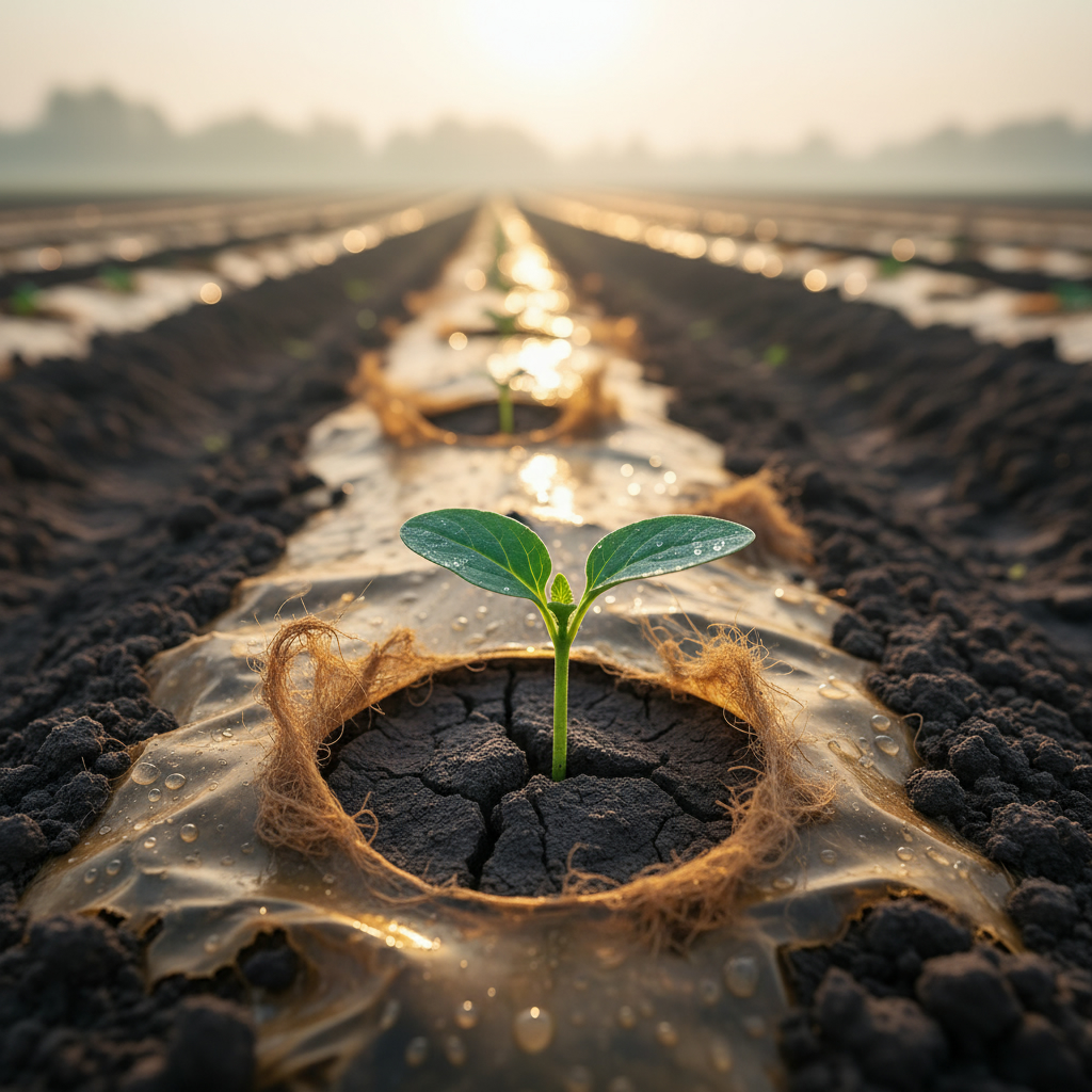 Росток пробивается сквозь биоразлагаемую мульчирующую пленку на сельскохозяйственном поле. Пленка начинает распадаться в почве.