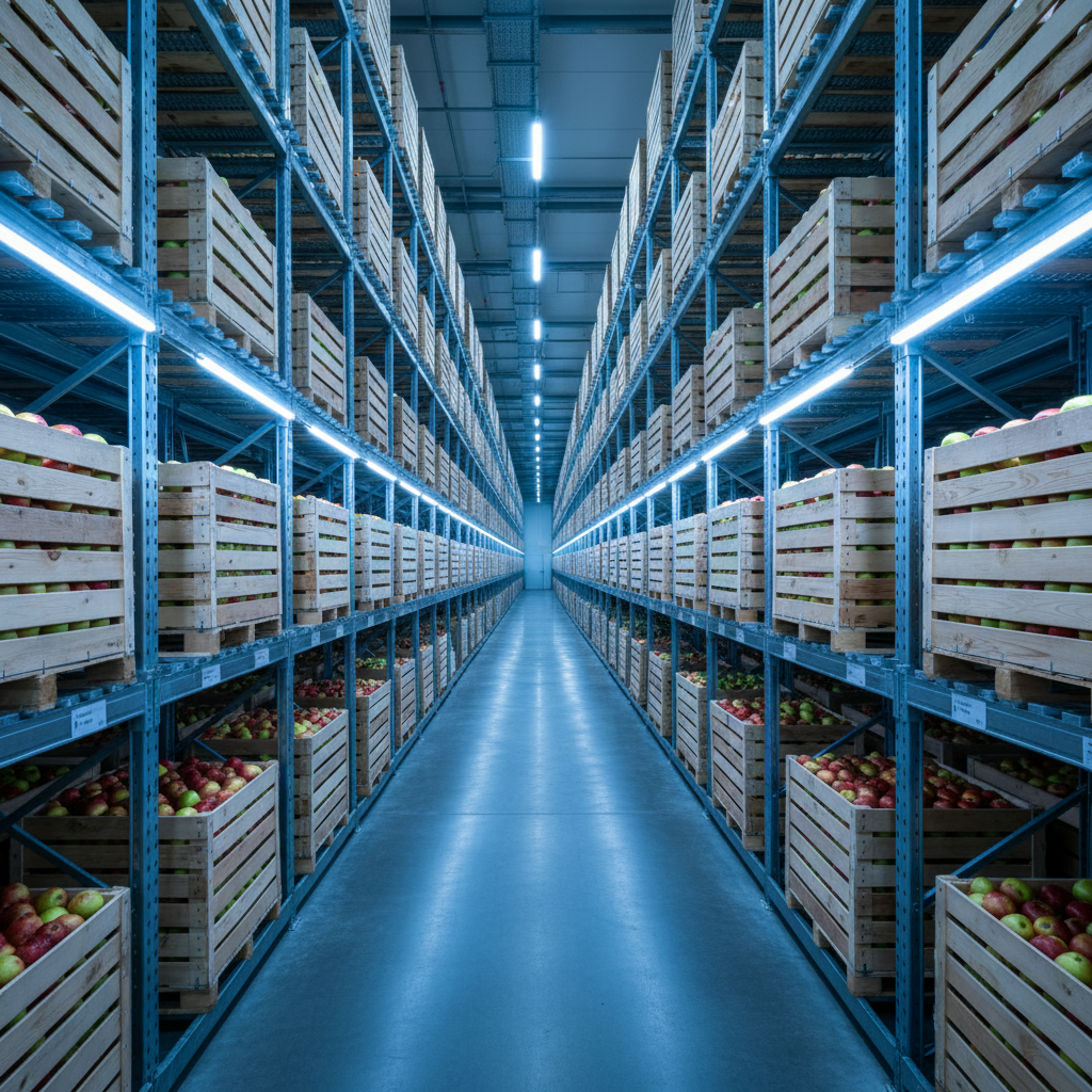 Современный склад-холодильник с высокими стеллажами, заставленными деревянными ящиками со свежими красными и зелеными яблоками.