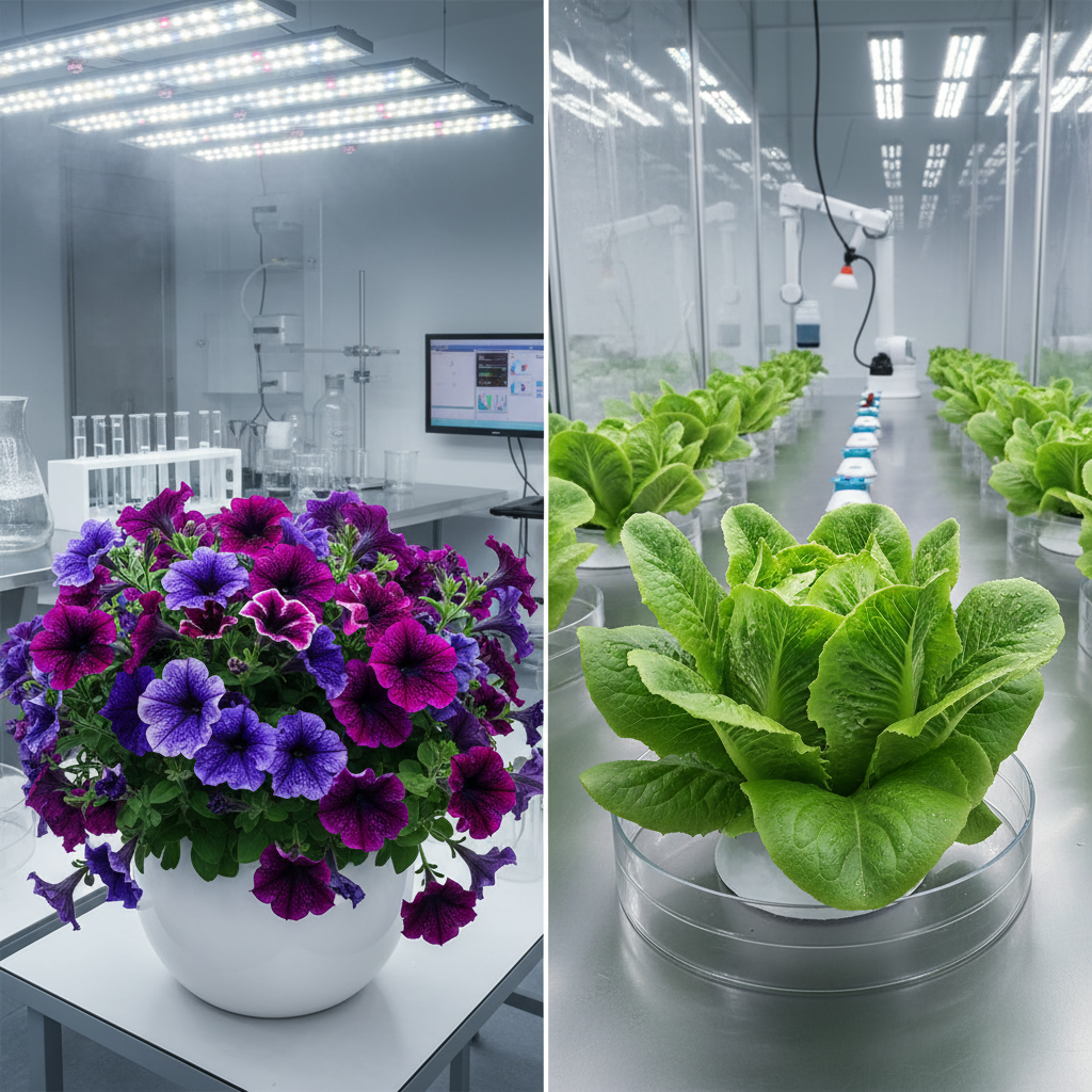 Генное редактирование усилило аромат цветов и питательность овощей Крупный план цветущей петунии и свежего кочана салата в научной лаборатории, демонстрирующие их здоровый и яркий вид.