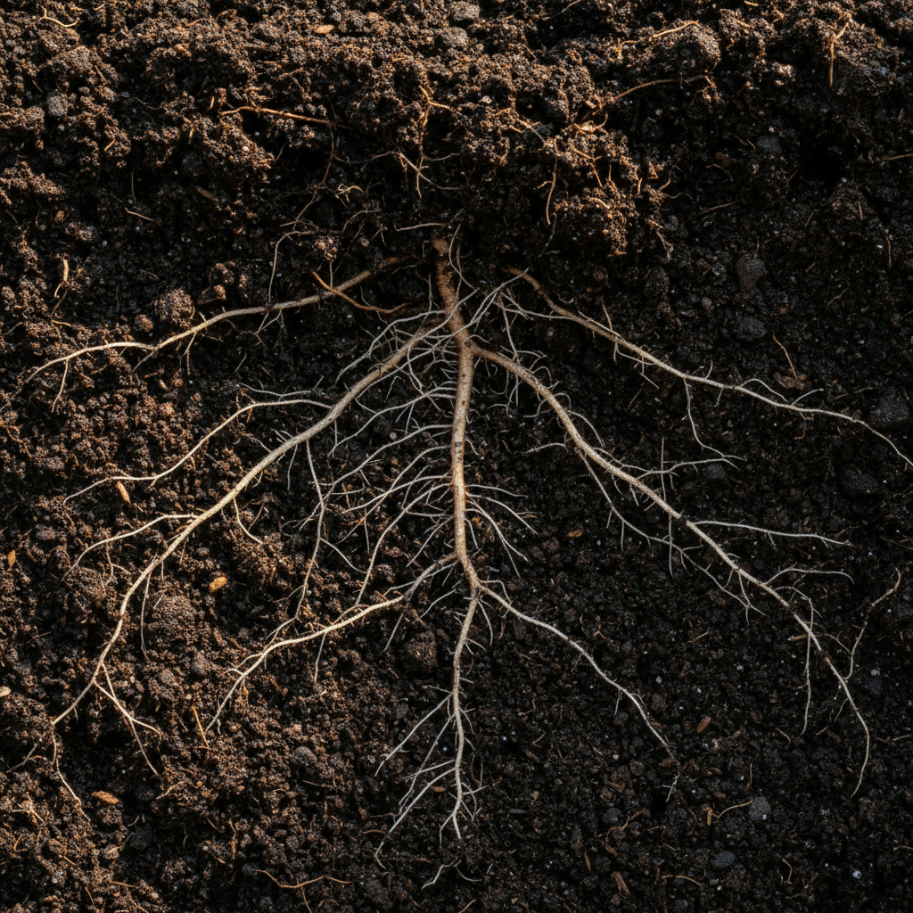 Открыт генетический механизм для создания более урожайных растений Сложная корневая система растения с длинными боковыми корнями, прорастающая сквозь срез плодородной темной почвы.