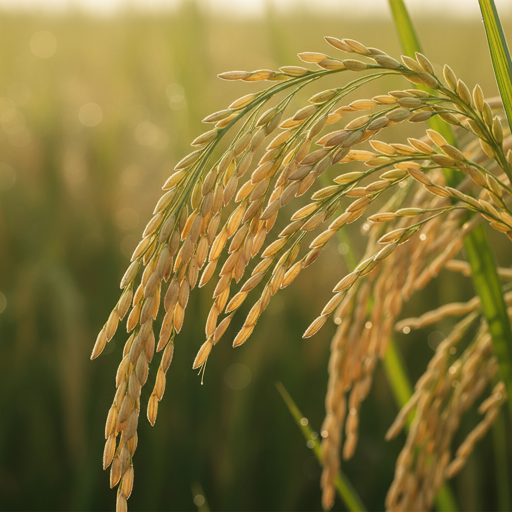 Крупный план спелого колоса риса, усыпанного длинными золотистыми зернами, на размытом фоне рисового поля.