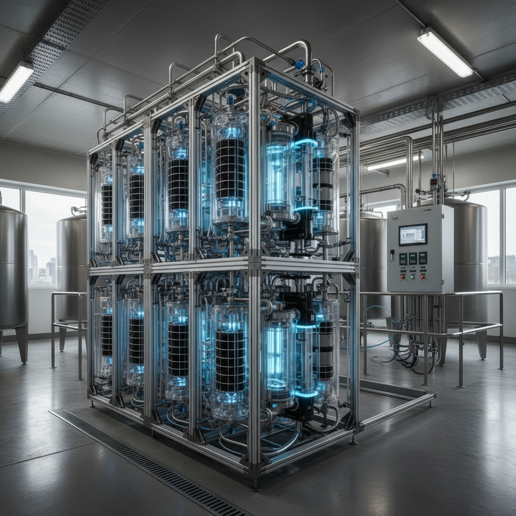 Сточные воды как источник энергии и удобрений: новая технология Модульная система биореакторов для очистки воды, соединенных трубками, на фоне современного очистного сооружения.