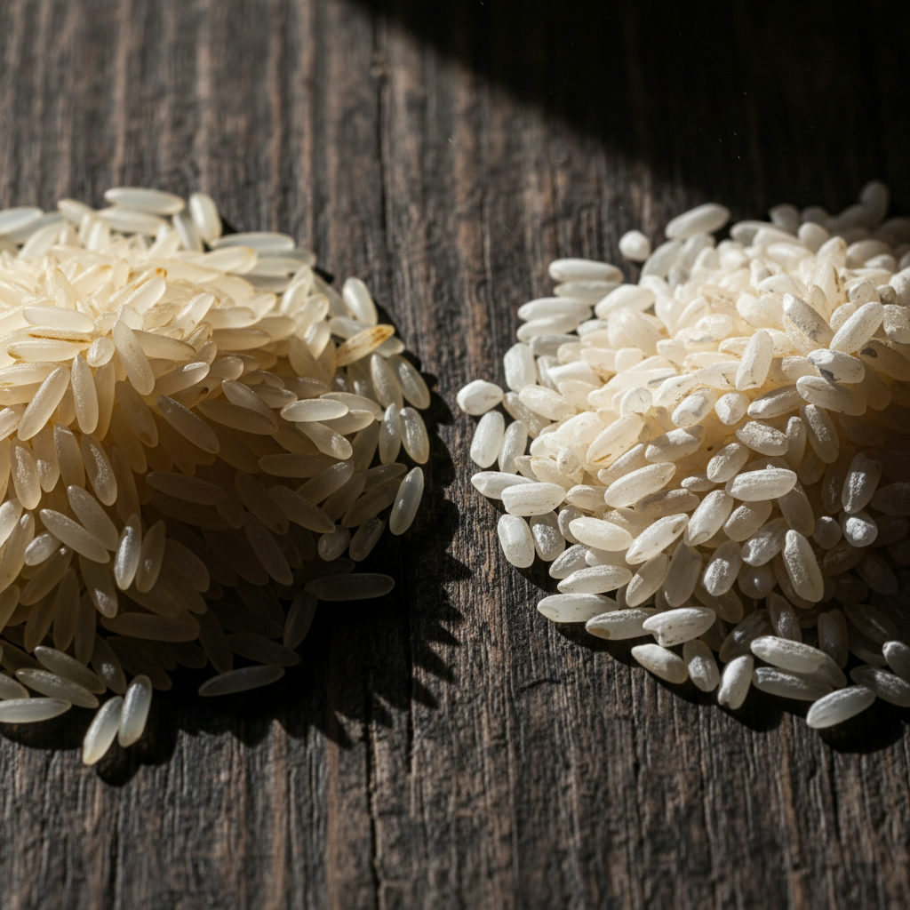 Китайские ученые нашли гены, отвечающие за «меловость» и качество риса Два вида рисовых зерен крупным планом на темной поверхности: слева — качественные полупрозрачные, справа — «меловые» с белыми матовыми пятнами.