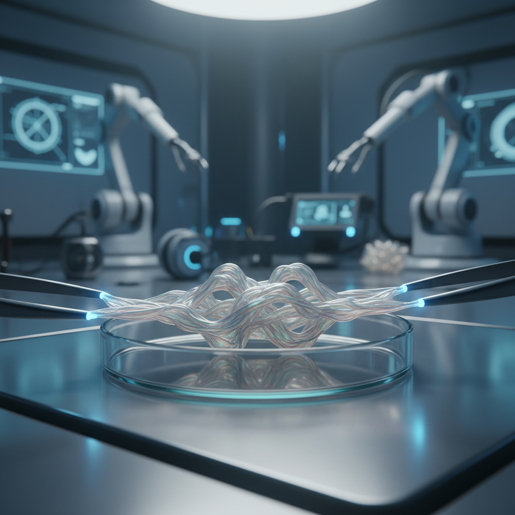 В США создали мышечные биоволокна для культивируемого мяса Образец искусственных белковых волокон, имитирующих мышечную ткань, в чашке Петри в научной лаборатории.