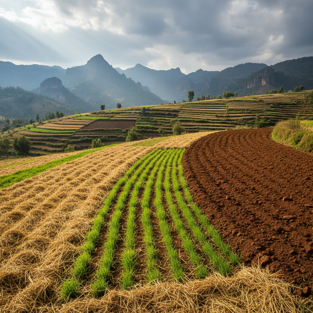 В Эфиопии агротехнологии сберегают почву и повышают урожайность до 122% Террасные сельскохозяйственные поля в высокогорье Эфиопии. Участок земли, покрытый соломенной мульчей, рядом с вспаханной почвой.
