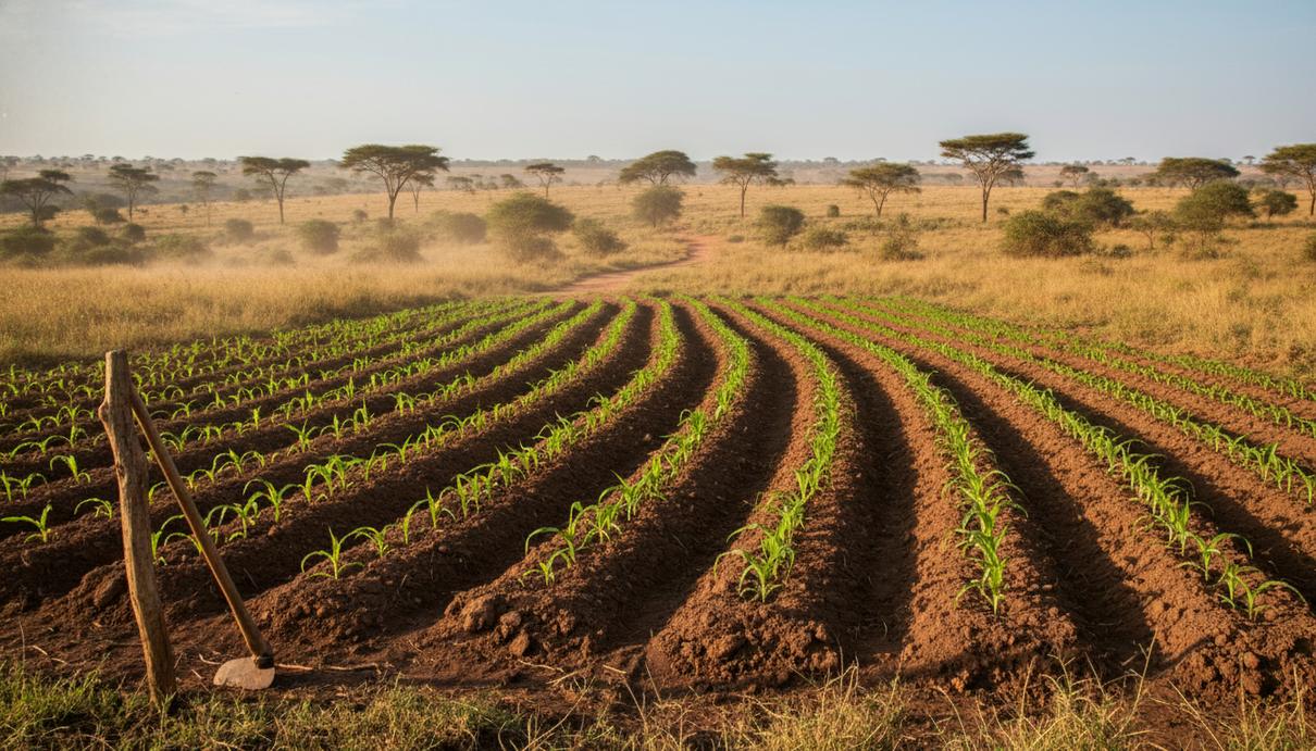 Обработанное вручную поле с молодыми ростками кукурузы в сельской местности Танзании. У края поля стоит старая мотыга.