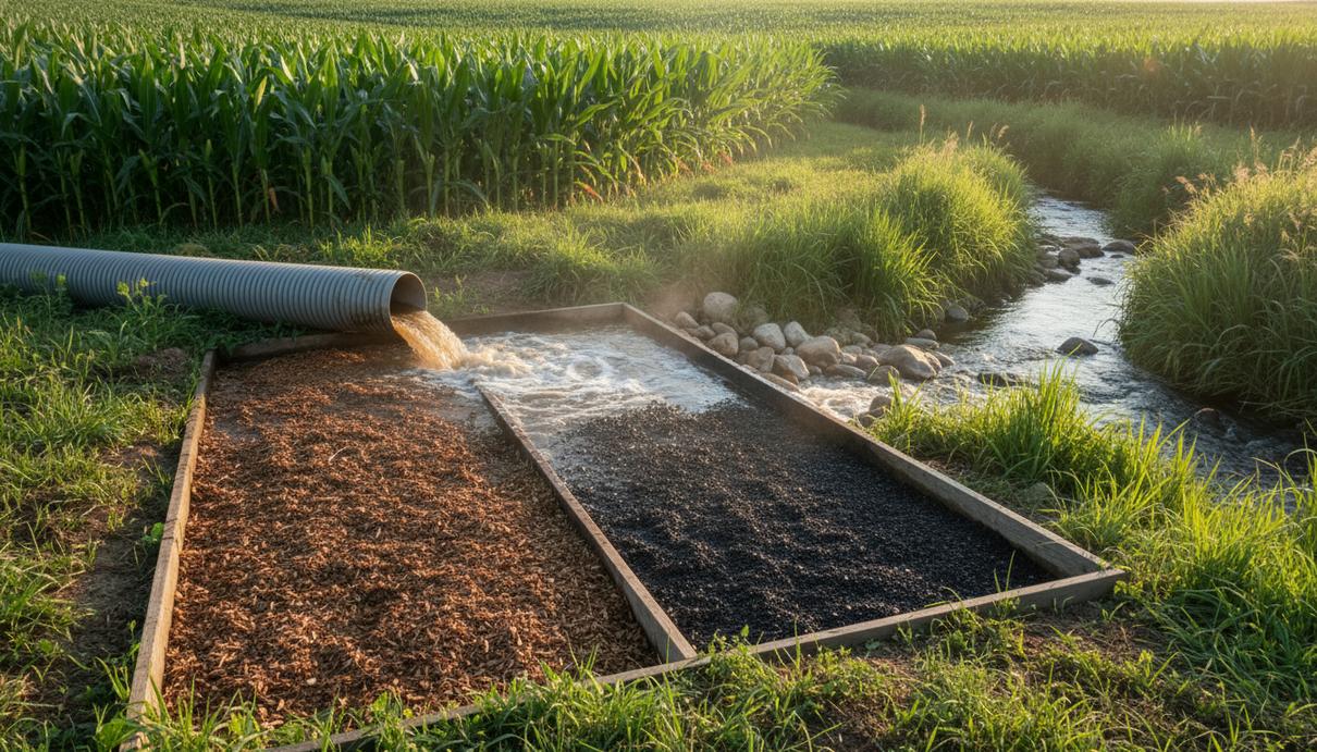 Система очистки воды на краю кукурузного поля: дренажная труба и два параллельных канала с древесной щепой и гранулами биоугля.