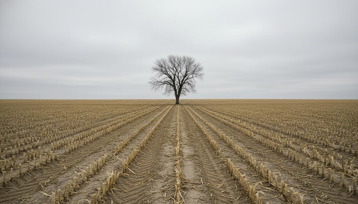 Бескрайнее поле с пожнивными остатками кукурузы и одиноким голым деревом в центре под пасмурным небом.
