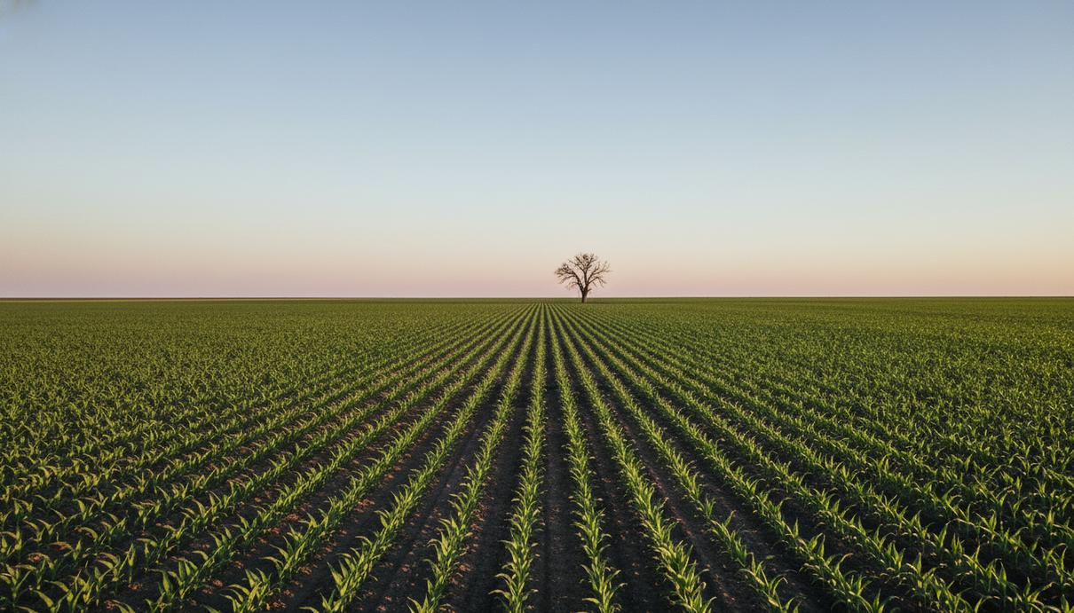 Бескрайнее поле с ровными рядами сельскохозяйственных культур, уходящими за горизонт. Пустынный аграрный пейзаж.