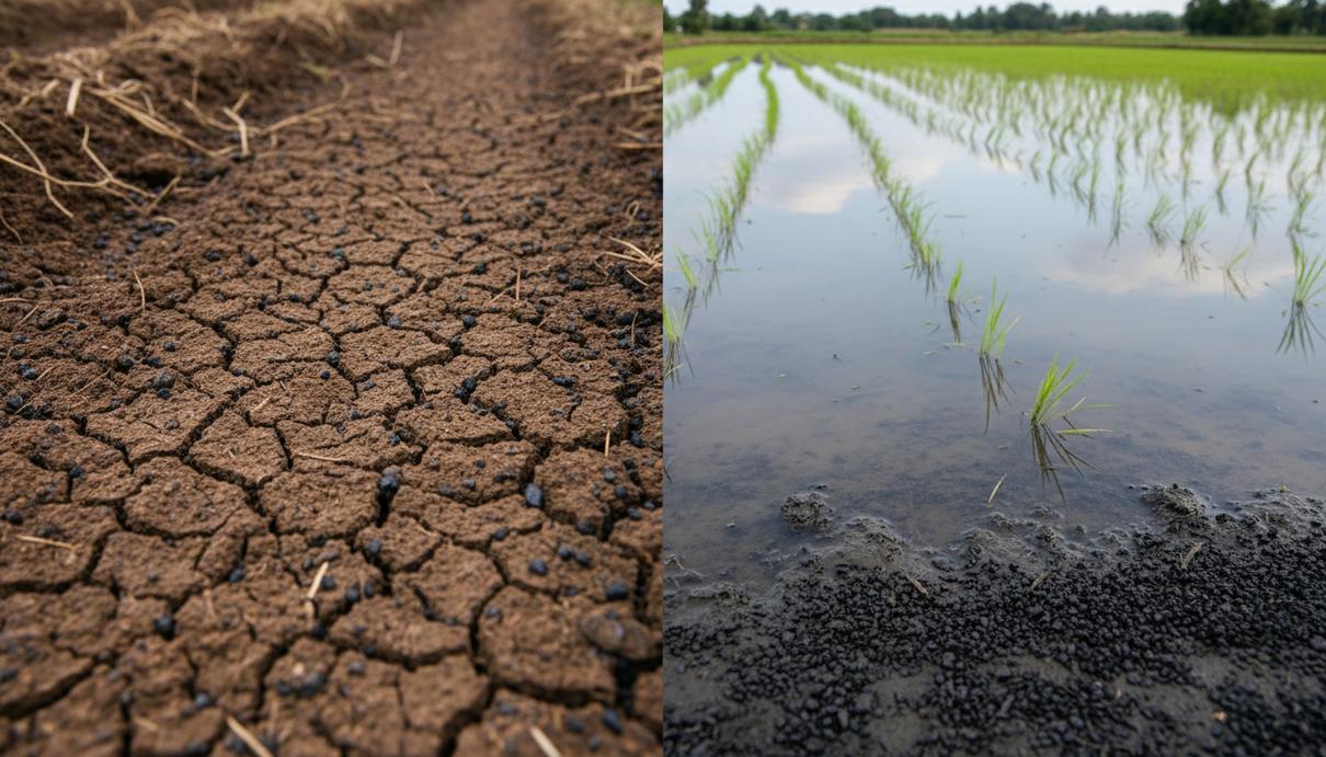 Два типа почвы рядом: слева сухая земля с гранулами черного биоугля, справа затопленное рисовое поле с тем же углем в воде.