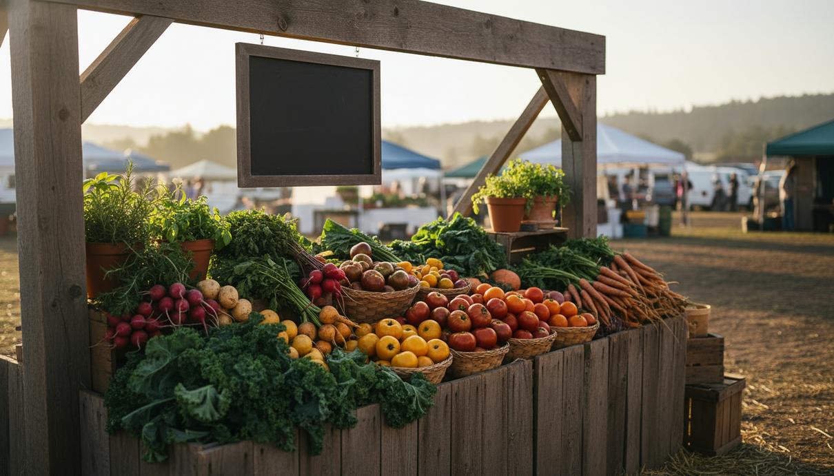 Деревянный прилавок на фермерском рынке, наполненный свежими овощами: помидорами, зеленью и корнеплодами.