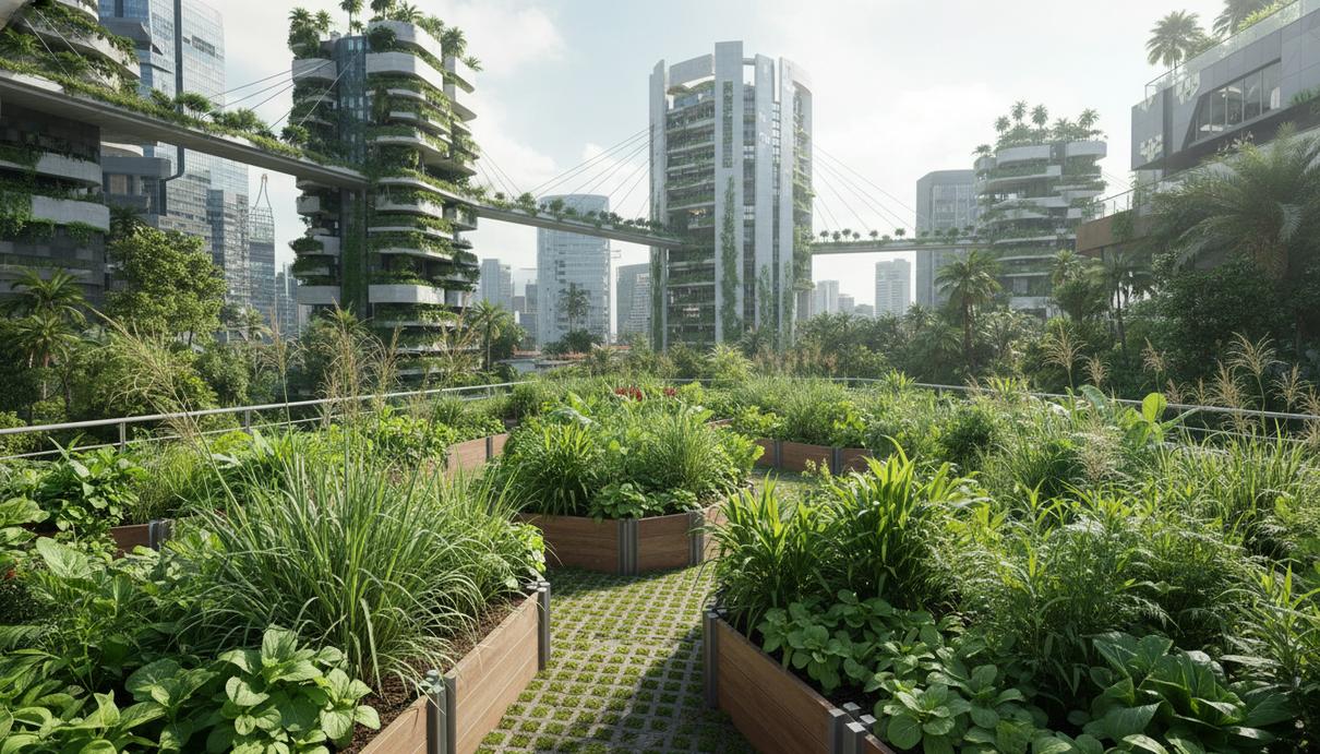 Городской сад со съедобными растениями на крыше современного здания на фоне небоскребов Сингапура.