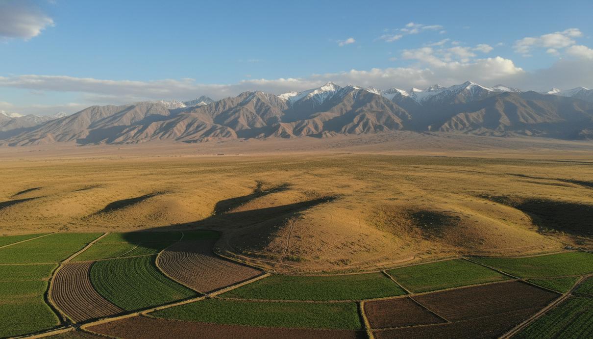 Обработанное сельскохозяйственное поле с зелеными ростками на фоне сухих лугов и горного хребта.