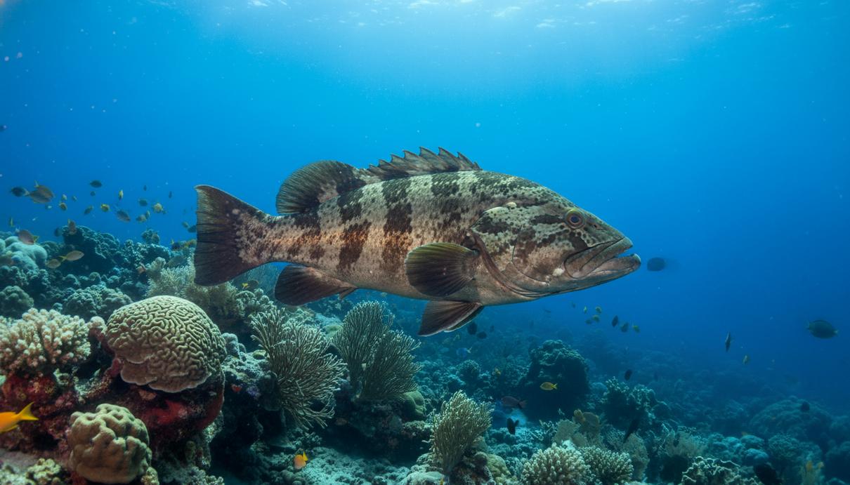 Крупный групер гаг с характерным пятнистым окрасом плывет возле подводного рифа в водах Мексиканского залива.