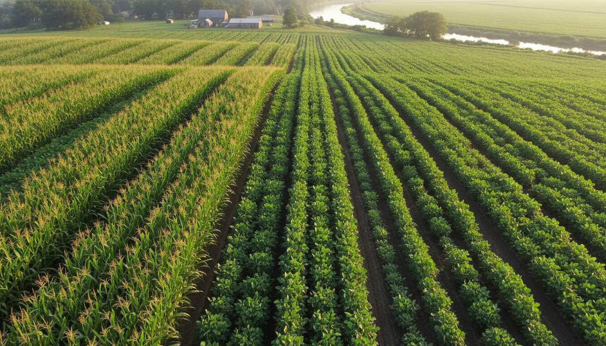 Поле с рядами кукурузы и сои, высаженными по технологии смешанных посадок. Вид сверху на зеленые растения и темную почву.