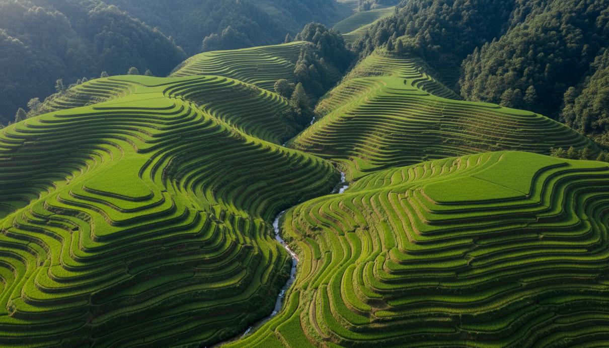 Зеленые террасные рисовые поля на склонах гор в юго-западном Китае. Сельскохозяйственный ландшафт, вид сверху.
