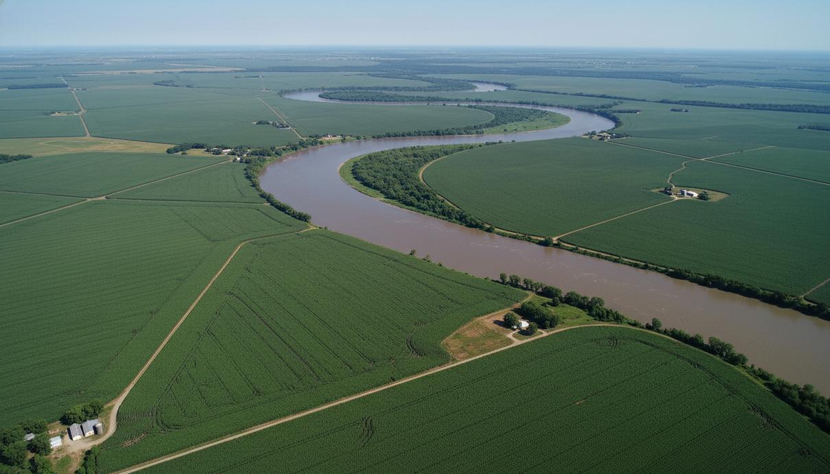 Широкая река Миссисипи, вид сверху, извивается среди бескрайних зеленых кукурузных полей под ясным небом.