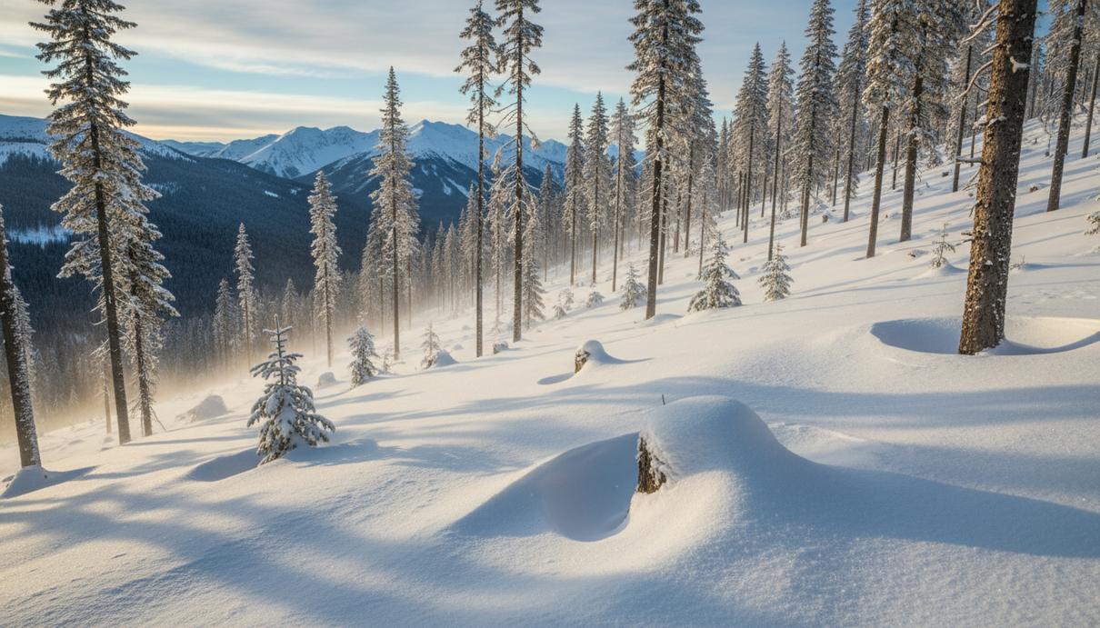 Зимний горный лес после прореживания. Глубокий снег лежит на земле под высокими деревьями, сквозь которые пробивается солнце.