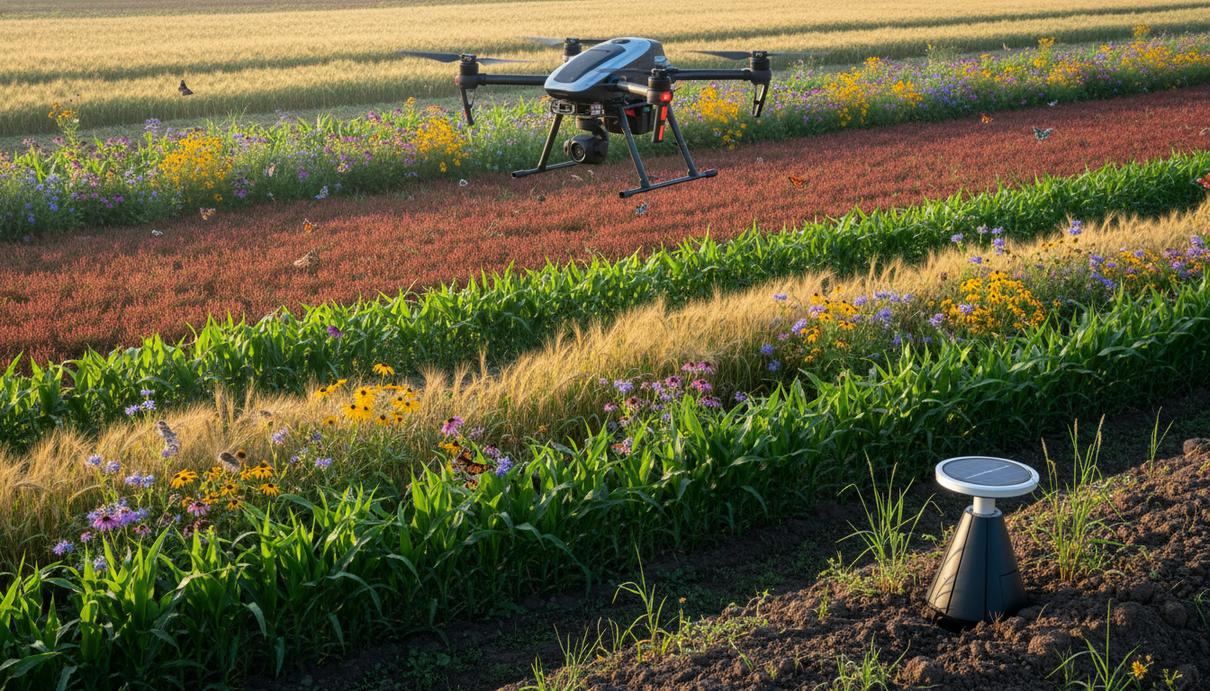 Сельскохозяйственный дрон летит над полем с урожаем и полосами полевых цветов, на переднем плане виден датчик почвы.