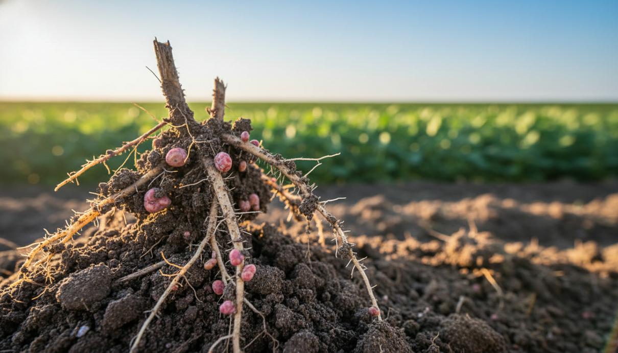 Корни соевого растения с клубеньками крупным планом в плодородной земле на фоне размытого соевого поля.