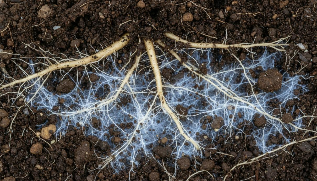 Крупный план поперечного среза почвы, где видны корни растения, опутанные тонкой сетью белых нитей грибницы.