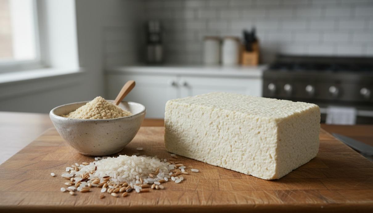 Брусок растительного сыра на деревянной доске рядом с зернами белого и бурого риса и миской с рисовыми отрубями.