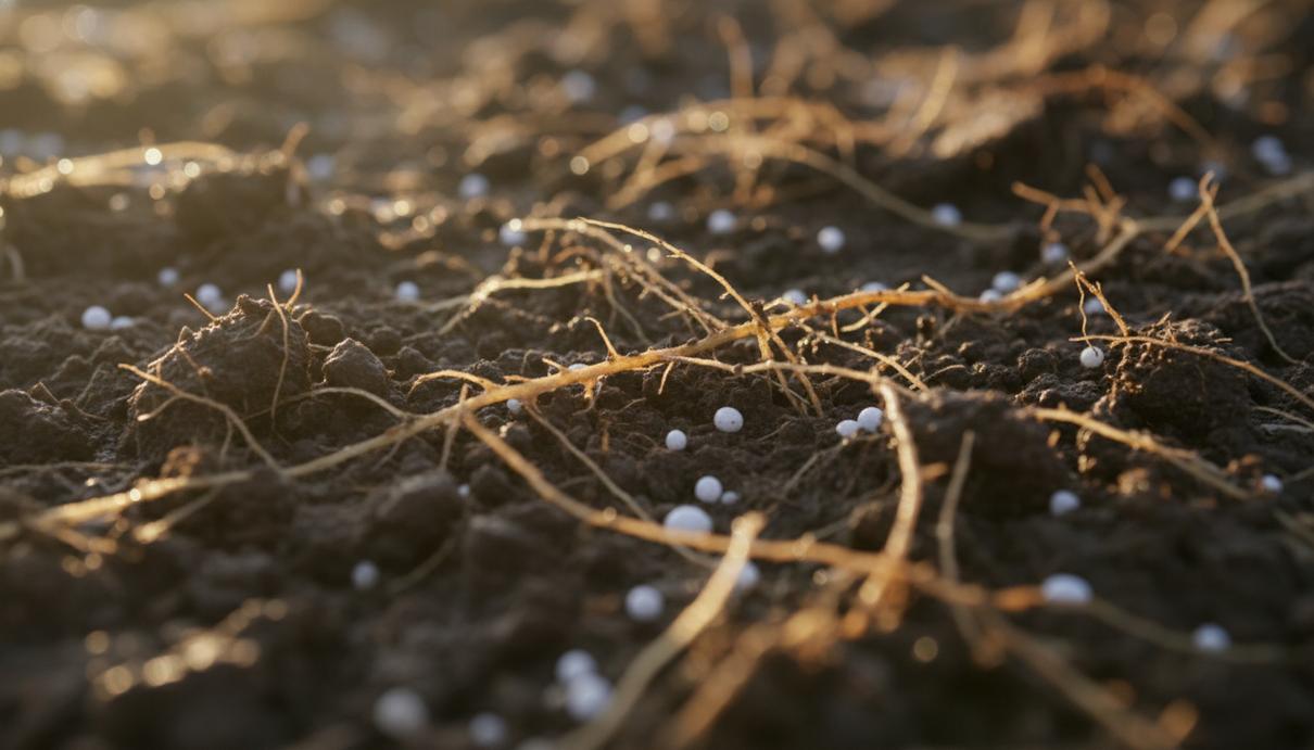 Крупный план плодородной темной почвы с переплетенными корнями растений и гранулами минеральных удобрений на поверхности.